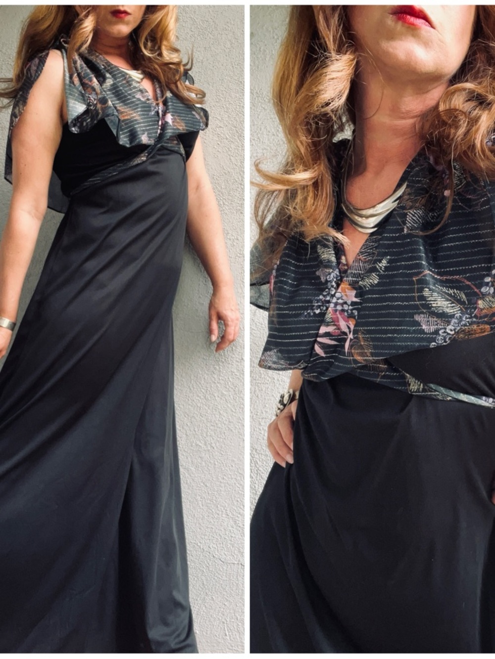 Vintage 70s Queen’s Row Black Chiffon Floral Capelette Maxi Dress VTG 14